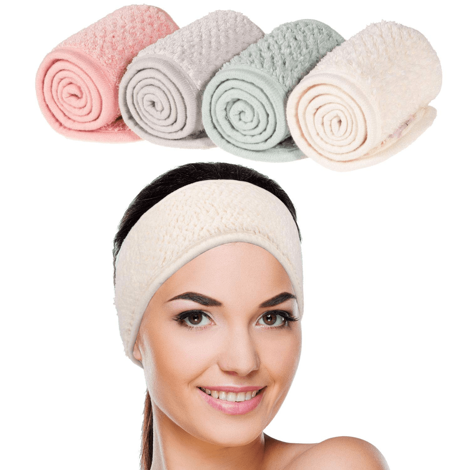 4 Pack Spa Facial Headband, Pea Green, Pink, Beige, Light Gray