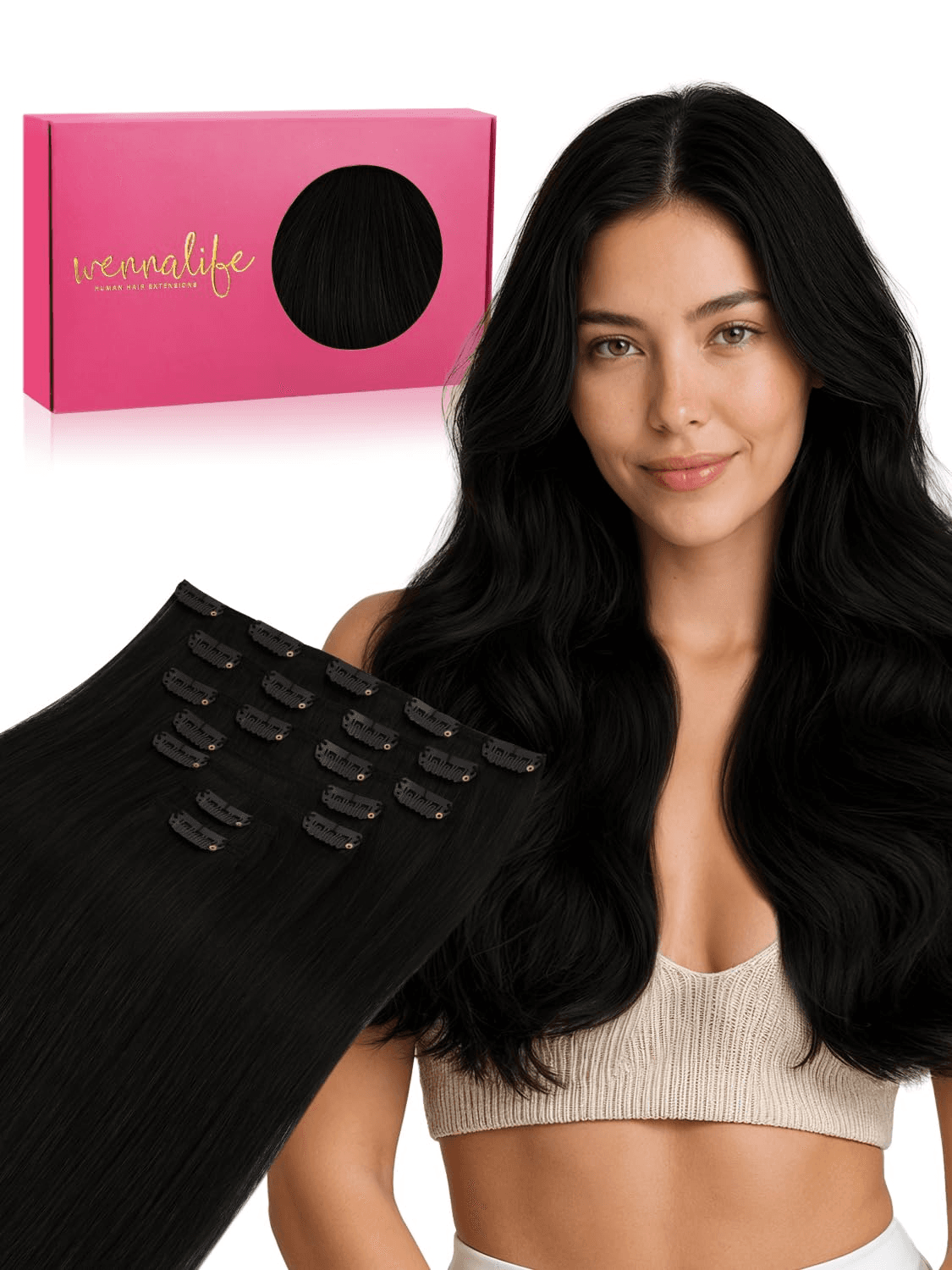 Wennallfe Clip in Hair Extensions Real Human Hair, Seamless and Natural Blending, Soft & Tangle-Free, No Shedding, Adds Length & Volume Instantly, 18 Inch 120G 7Pcs Jet Black