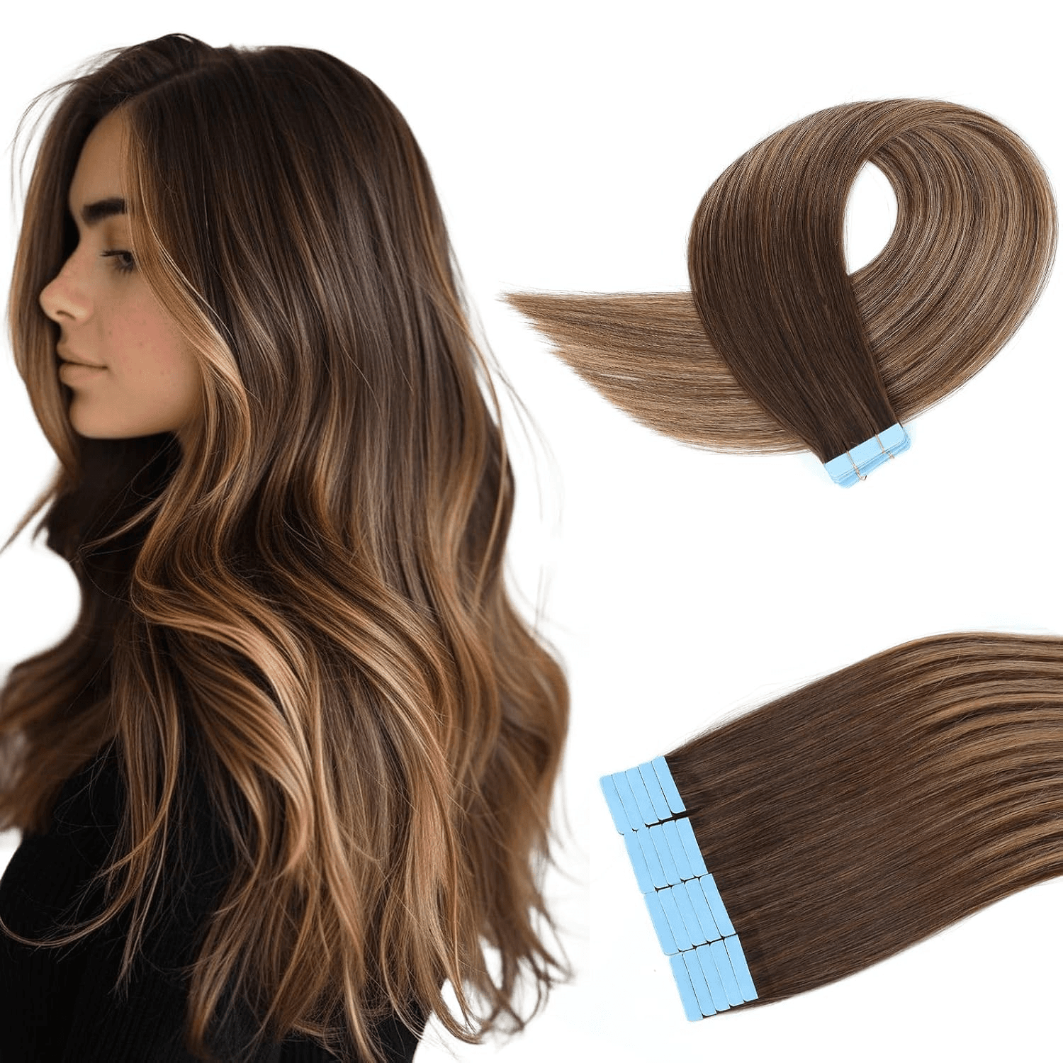 Tape in Hair Extensions Human Hair Double Weft Real Human Hair Extensions Seamless Straight Human Hair Extensions for Fashion Women(#4T27P4,16Inch)