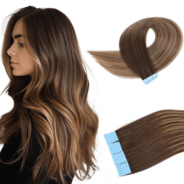 Tape in Hair Extensions Human Hair Double Weft Real Human Hair Extensions Seamless Straight Human Hair Extensions for Fashion Women(#4T27P4,16Inch)