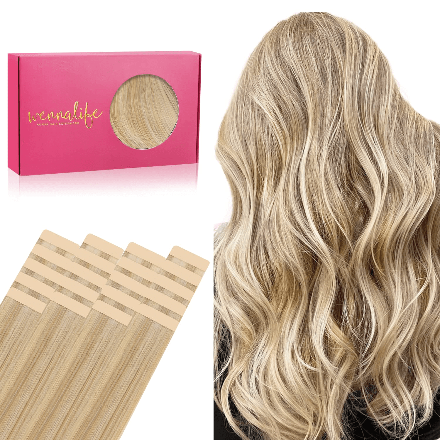 Wennallfe Tape in Hair Extensions Human Hair, 20Pcs 50G 16 Inch Light Blonde Highlighted Golden Blonde Remy Hair Extensions Straight Human Hair Tape in Extensions Skin Weft Tape Extensions Human Hair