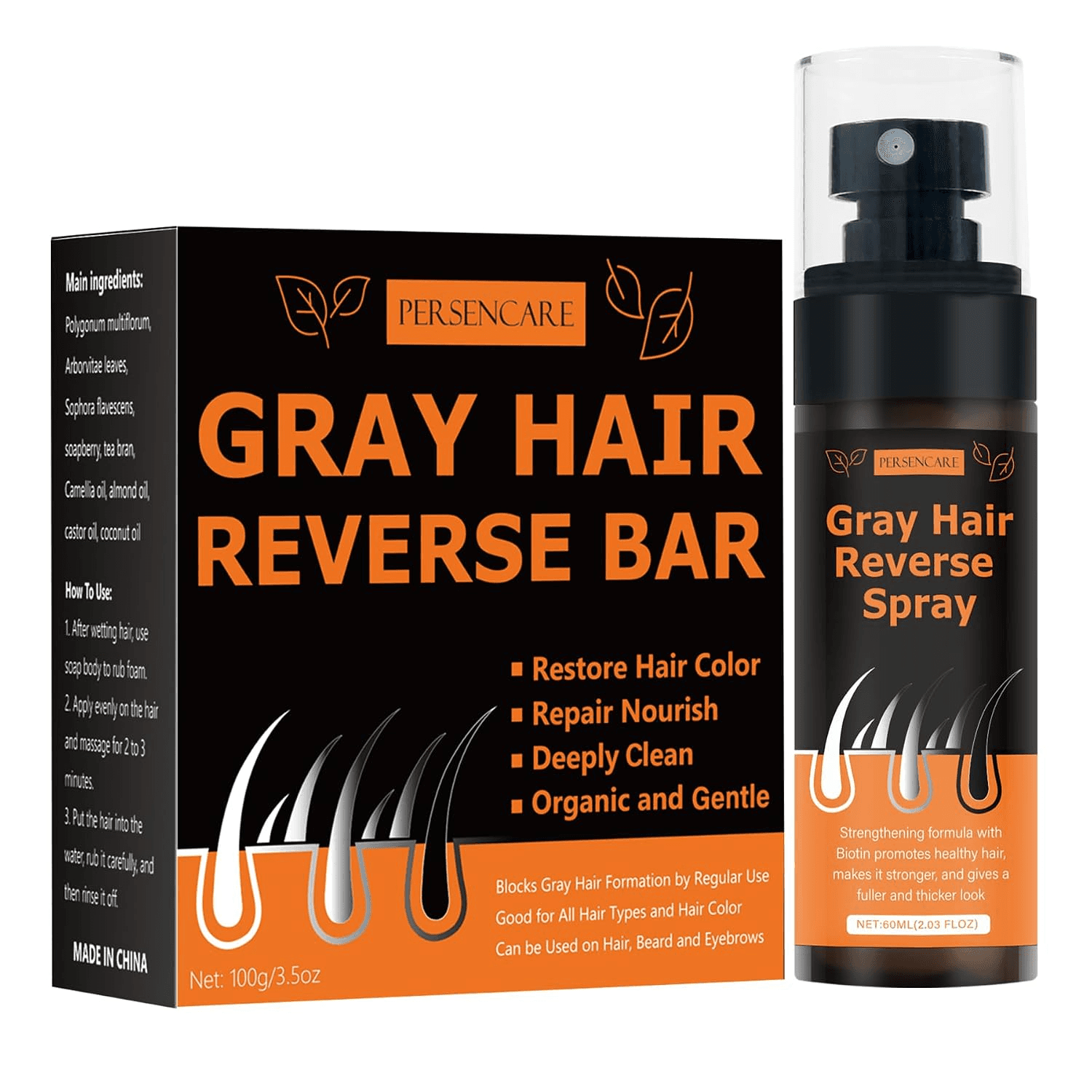 Gray Hair Reverse Bar + Spray Sets, Men & Women Cover Grey Hair Serum and He Shou Wu Darkening Soap, Natural Herbal Polygonum Ginger Castor Oil Extract Hair Growth Mist