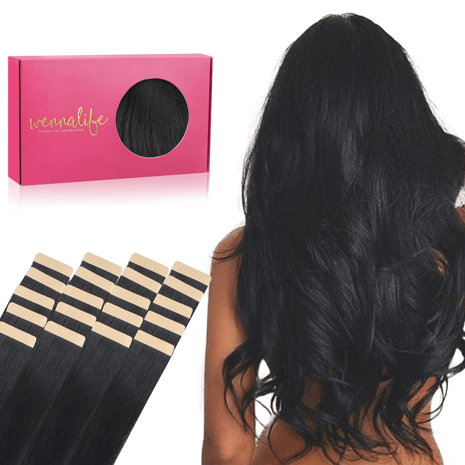Wennallfe Tape in Hair Extensions Human Hair, 20Pcs 50G 18 Inch Jet Black Remy Hair Extensions Straight Human Hair Tape in Extensions Skin Weft Tape Extensions Human Hair
