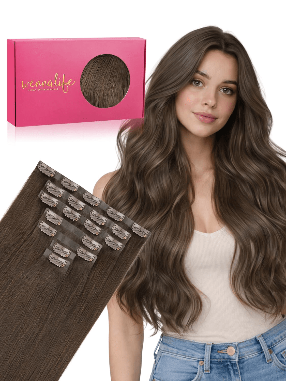 Wennallfe Seamless Clip in Hair Extensions Human Hair, 14 Inch 130G 7Pcs Muted Light Brown Brunette Real Hair Extensions Clip in Human Hair Invisible PU Skin Weft Natural Remy Human Hair Extensions
