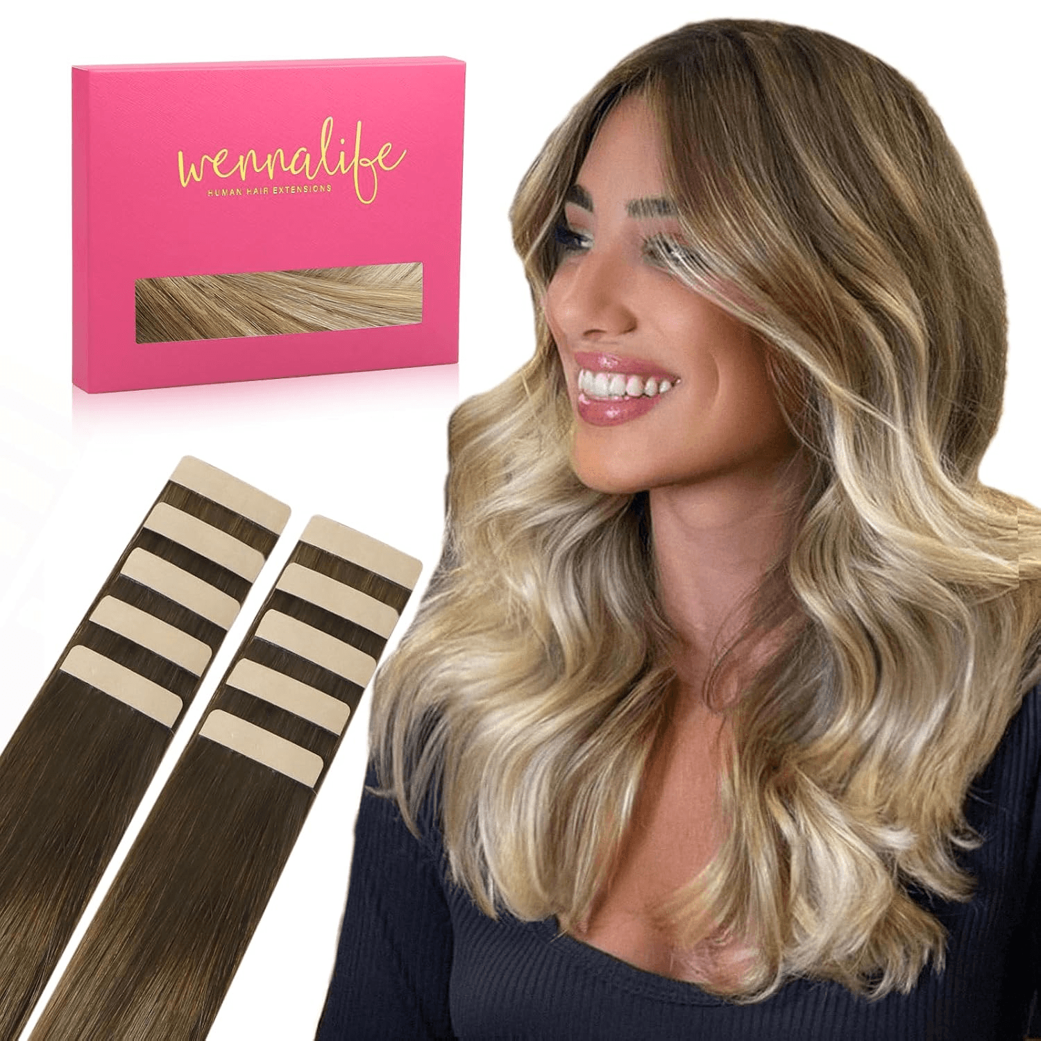 Wennallfe Tape in Hair Extensions Human Hair Ombre Walnut Brown to Ash Brown and Bleach Blonde, 10Pcs 25G 18 Inch Remy Invisible Tape Ins Straight Real Human Hair Tape in Extensions