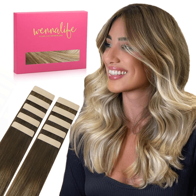Wennallfe Tape in Hair Extensions Human Hair Ombre Walnut Brown to Ash Brown and Bleach Blonde, 10Pcs 25G 18 Inch Remy Invisible Tape Ins Straight Real Human Hair Tape in Extensions