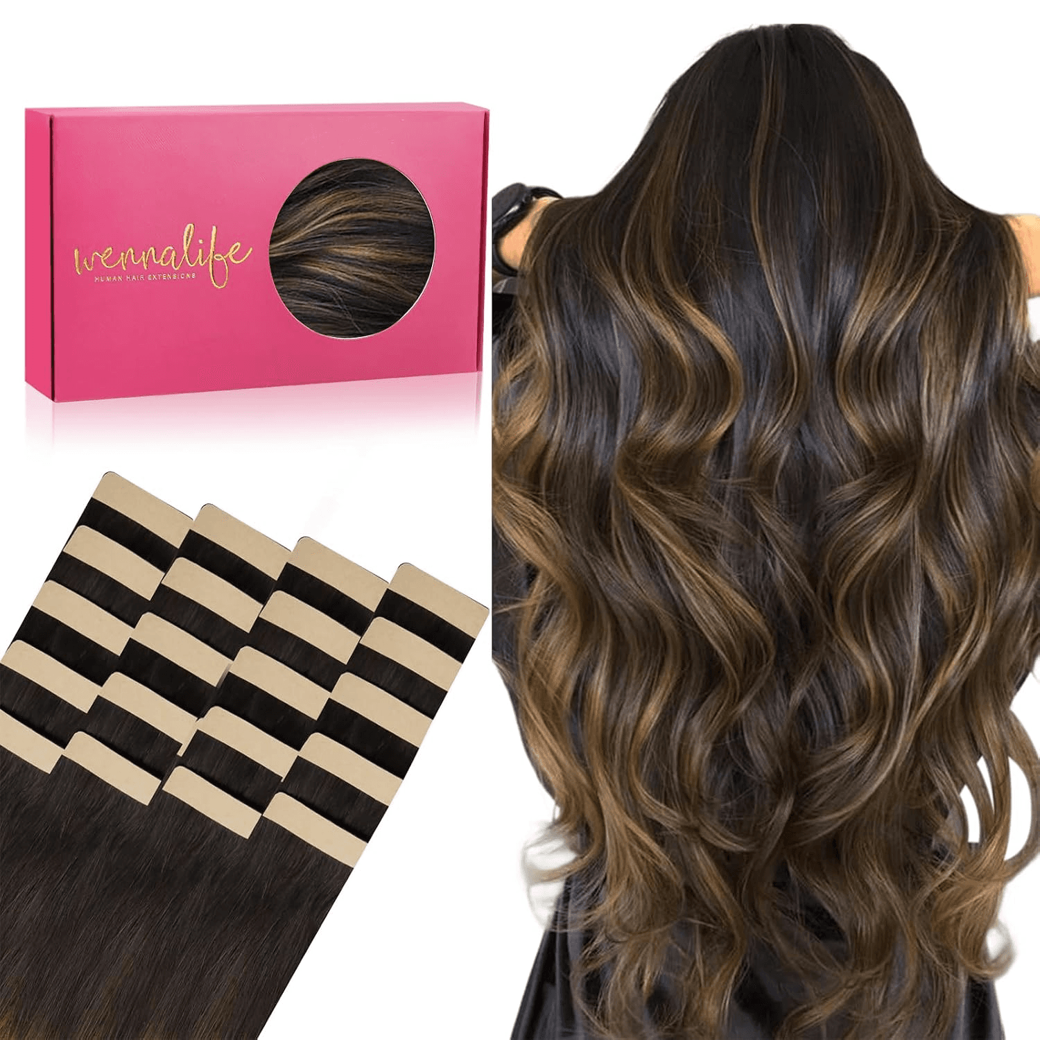 Wennallfe Tape in Hair Extensions Human Hair, 20Pcs 18 Inch 50G Balayage Dark Brown Mixed Chestnut Brown Remy Tape Hair Extensions Real Human Hair Extensions Coloured