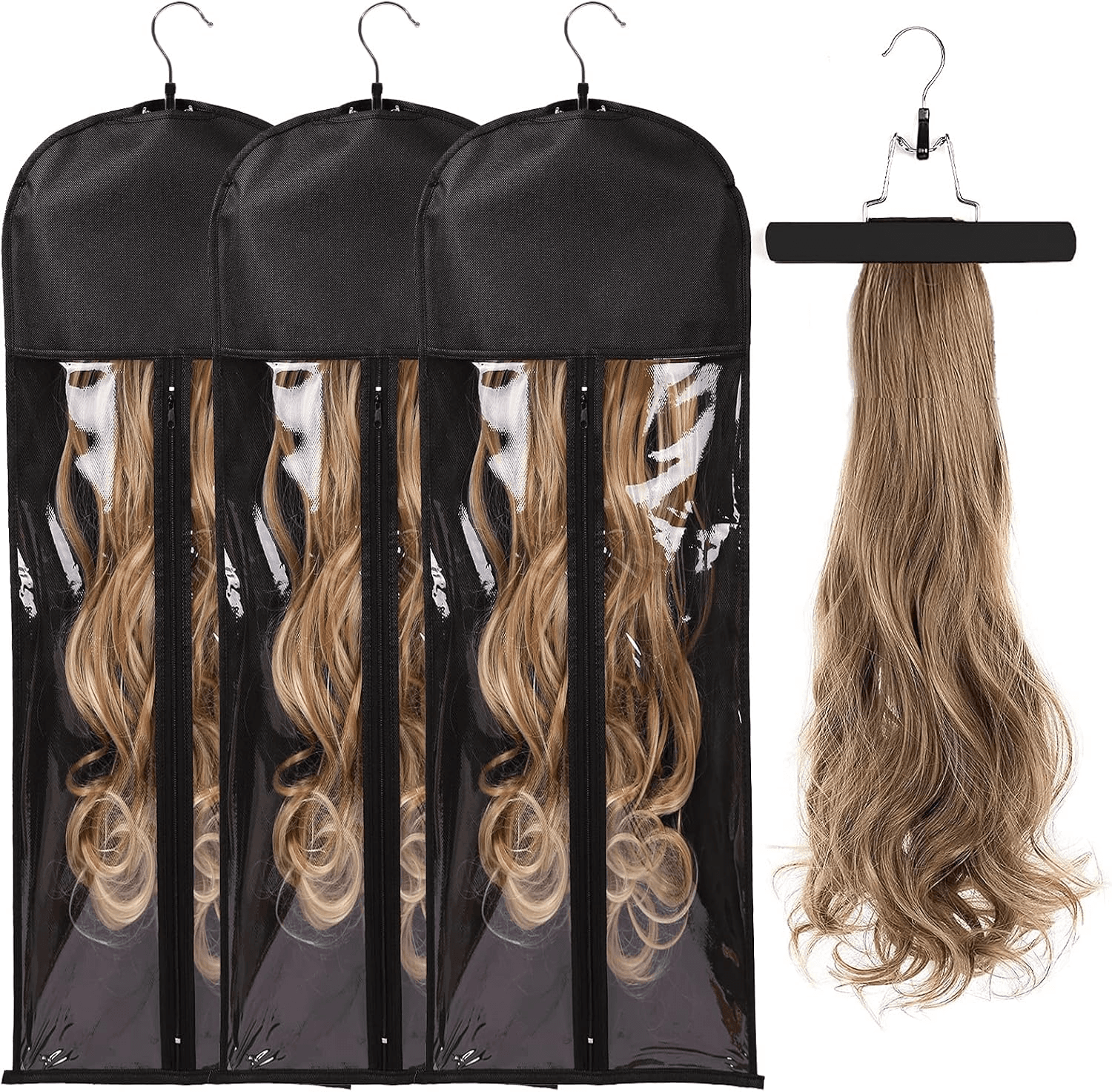 3PCS Extra Long Hair Extension Storage Bag Hairpieces Storage Holder with Wooden Hanger Dust-Proof Portable Suit with Transparent Zip up Closure- Light Weight, Waterproof and Portable (Black)