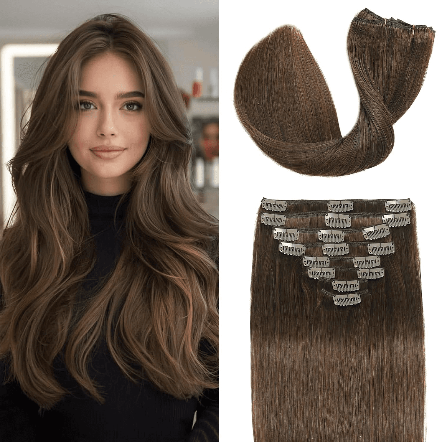 Human Hair Clip in Extensions Chocolate Brown Hair Extensions 20Inch