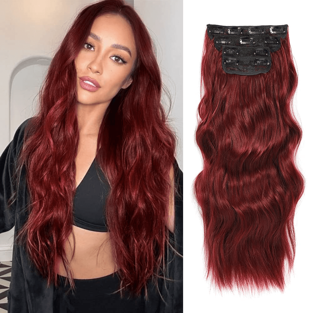 4PCS Clip in Hair Extensions 20Inch Long Wavy Hair Extensions Clip Ins Synthetic Thick Hair Piece for Women (Red)