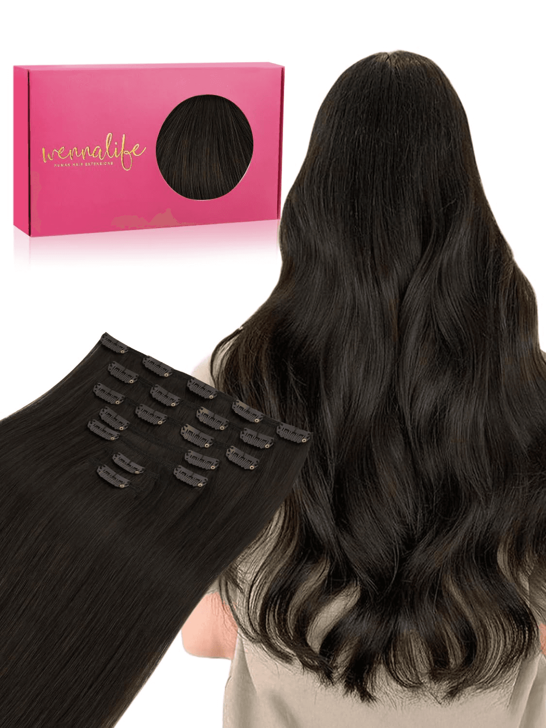 Wennallfe Clip in Hair Extensions Real Human Hair, 18 Inch 120G 7Pcs Human Hair Extensions Clip Ins, Dark Brown Coloured Remy Hair