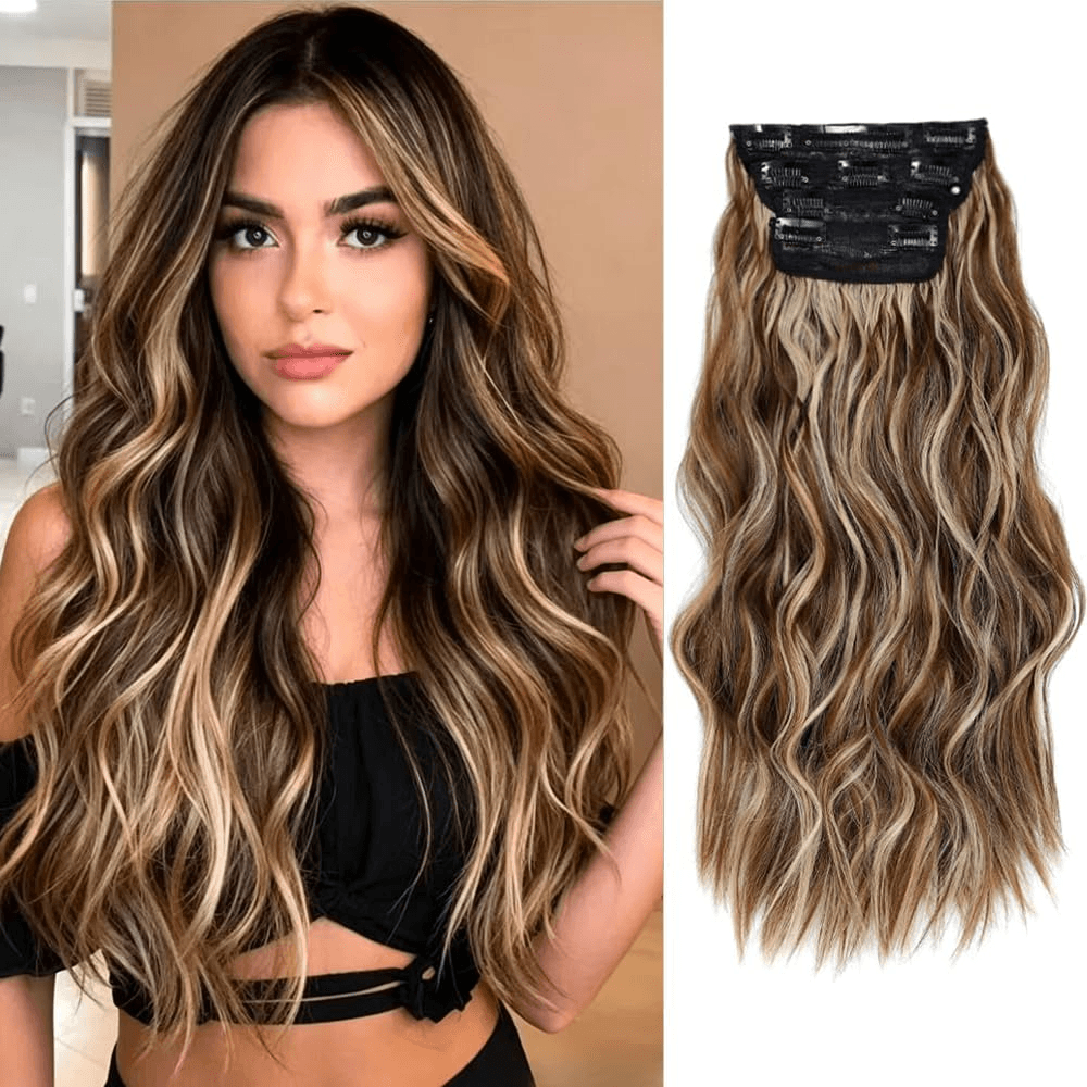 Clip in Hair Extensions Clip Ins 20Inch Hair Extension Clips Dark Brown Hair Extensions Synthetic Thick Hair Piece for Women(Medium Brown Mix Drak Blonde)
