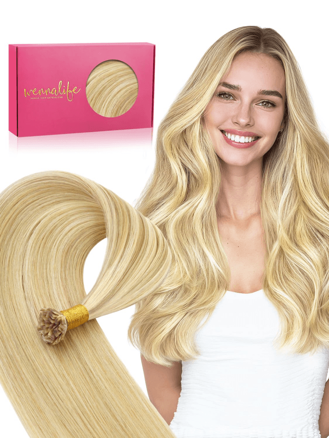 Wennallfe Mini Flat Tip Hair Extensions Human Hair, 50G 60S 16 Inch Light Blonde Highlighted Golden Blonde Remy Hair K Tip Hair Extensions Seamless Keratin Extensions De Cabello