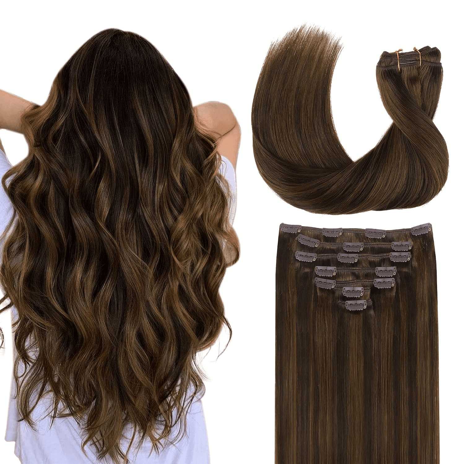 Clip in Hair Extensions Real Human Hair, Remy Human Hair Extensions Clip Ins for Women, Natural Human Hair, 20Inch 120G 7Pcs, 2C/4E/6C Brown Sugar Swirl Highlights