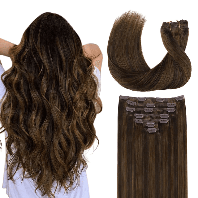 Clip in Hair Extensions Real Human Hair, Remy Human Hair Extensions Clip Ins for Women, Natural Human Hair, 20Inch 120G 7Pcs, 2C/4E/6C Brown Sugar Swirl Highlights
