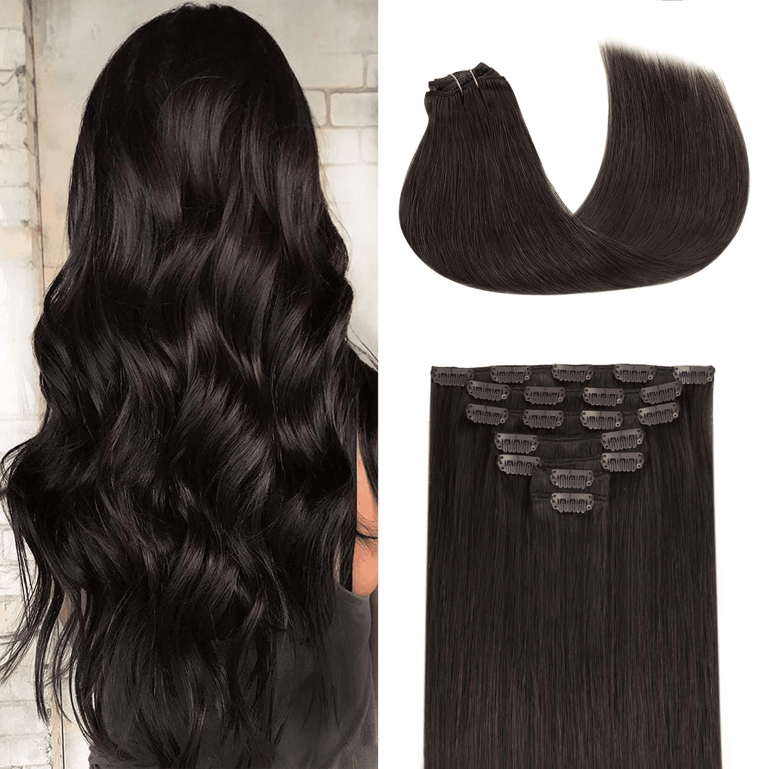 Clip in Hair Extensions Real Human Hair, Remy Human Hair Extensions Clip Ins for Women, Natural Human Hair, 20Inch 120G 7Pcs, 2 Dark Brown