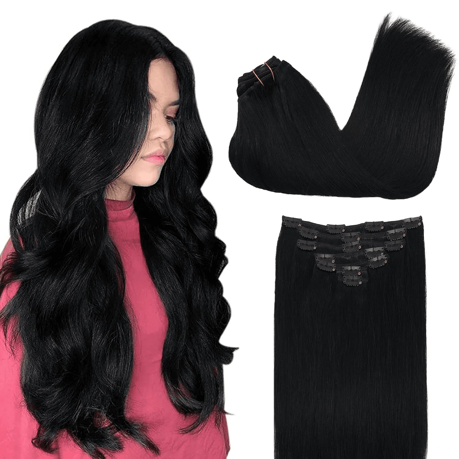 Clip in Hair Extensions Real Human Hair, Remy Human Hair Extensions Clip Ins for Women, Natural Human Hair, 12Inch 85G 7Pcs, 1 Jet Black