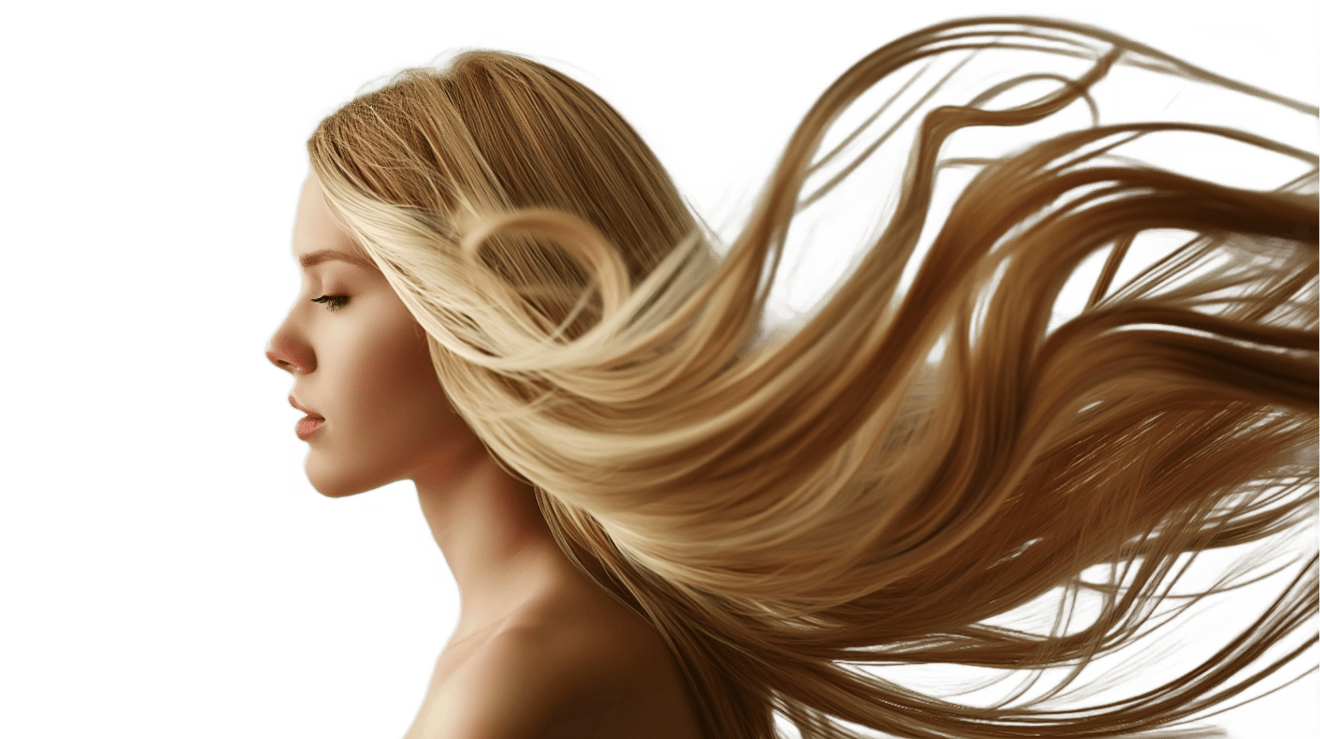 Model wearing long, flowing blonde hair extensions