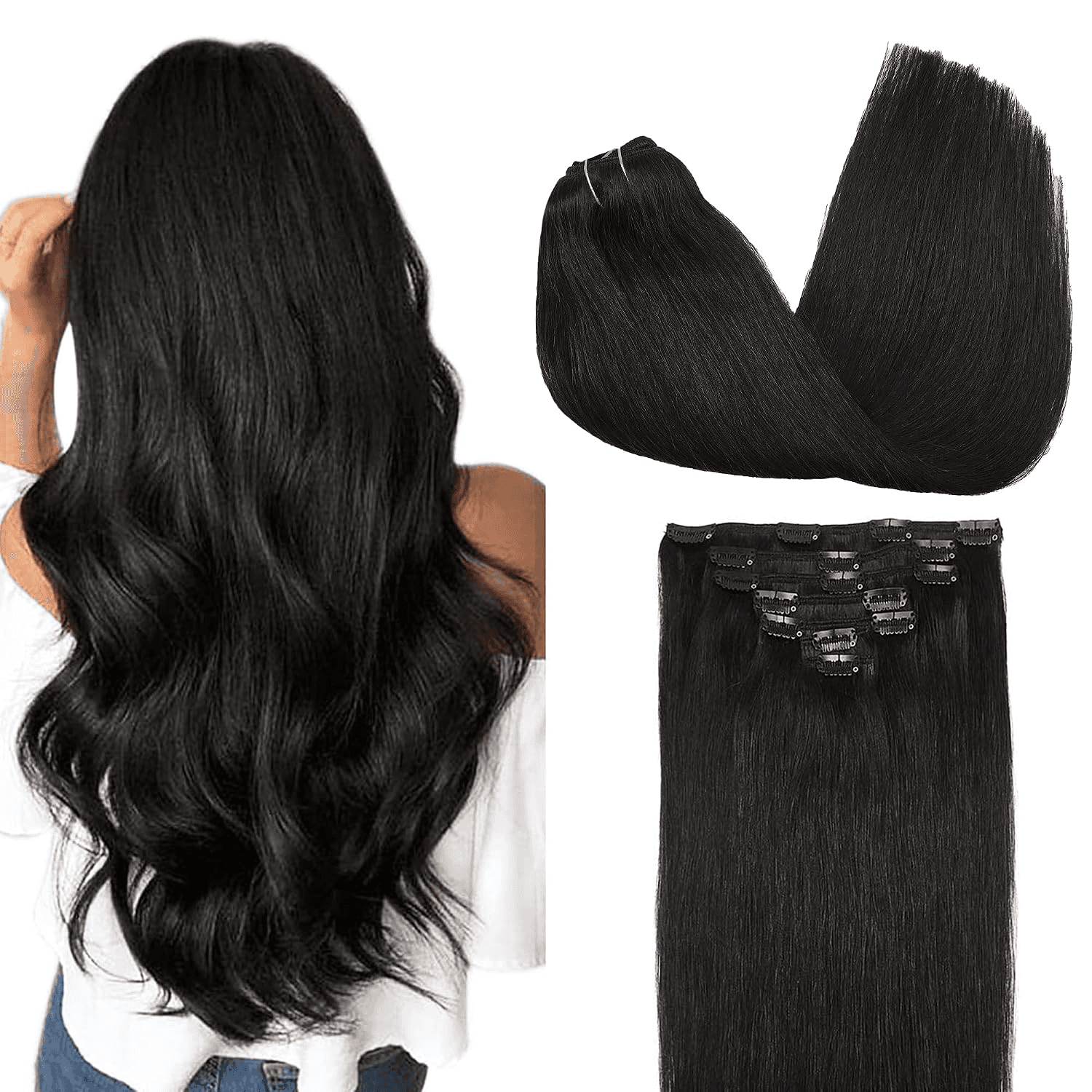 Clip in Hair Extensions Real Human Hair, Remy Human Hair Extensions Clip Ins for Women, Natural Human Hair, 20Inch 120G 7Pcs, 1B Natural Black